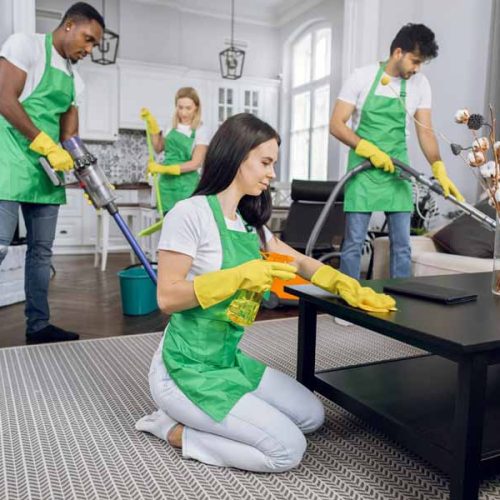 Group of mixed race people in green apron and yellow gloves vacuuming carpet, wiping furniture and washing floor. Team of cleaners providing professional service for customer.